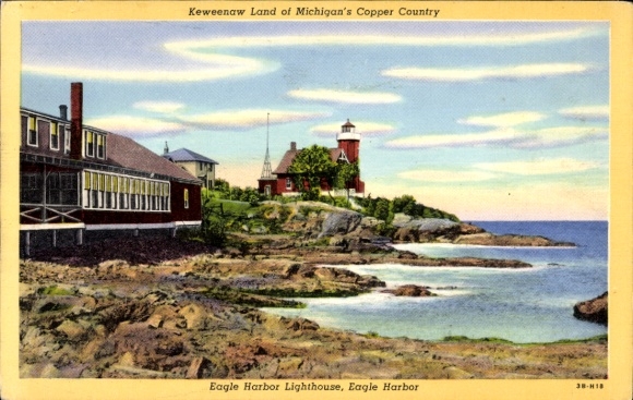 Postcard Eagle Harbor Michigan USA, Keweenaw Peninsula, lighthouse