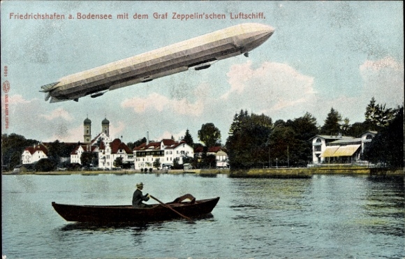Friedrichshafen aan het Bodenmeer, Zeppelin, roeiboot, uitzicht op de stad