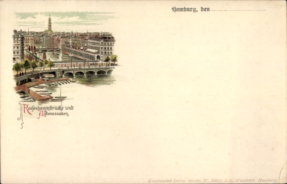Postcard Hamburg Altona Neumühlen Oevelgönne, Reefendamm Bridge, harbor, picturesque city view