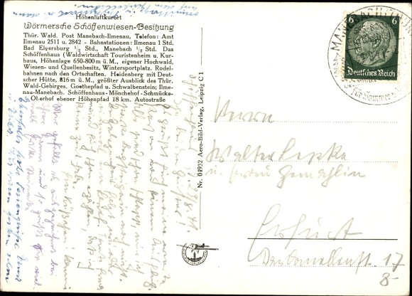 Postcard Ilmenau in Thuringia, Wörmersche Schöffenwiesen, Waldgasthof Schöffenhaus, log cabin