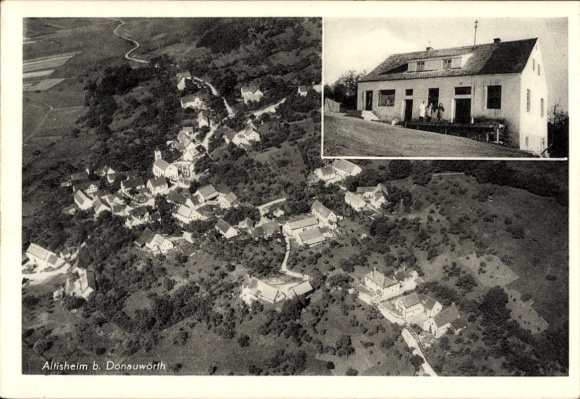 Postcard Altisheim Kaisheim in Swabia Bavaria, aerial photograph, dairy and groceries Otto Siebert