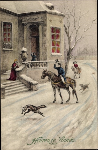 Ak Glückwunsch Neujahr, Landhaus, Reiter, Hunde