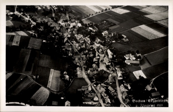 Postcard Rabenau in the Ore Mountains, aerial view of a village, fields, houses, photography from an airplane