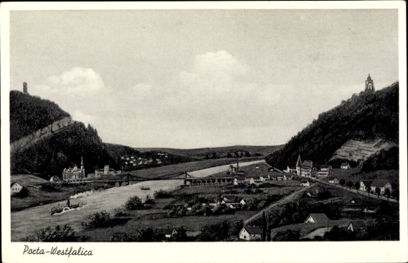 Ak Porta Westfalica aan de Wezer, landschap met rivier, brug, bergen, huizen, wolken