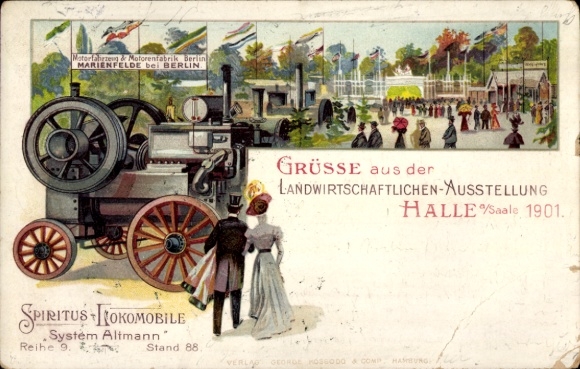 litho Halle an der Saale, Landbouwtentoonstelling 1901, Spiritus locomobile, Altmann-systeem