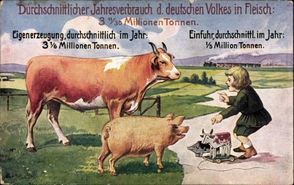 Künstler Ak Jahresverbrauch Fleisch, Eigenerzeugung, Einfuhr, Zoll und Grenzschutz, Rind, Schwein