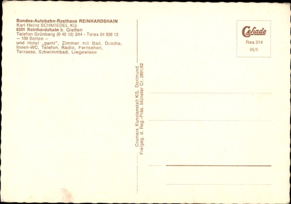 Postcard Reinhardshain in Hesse, Federal Highway Rest Area, Panorama, Schmiedel