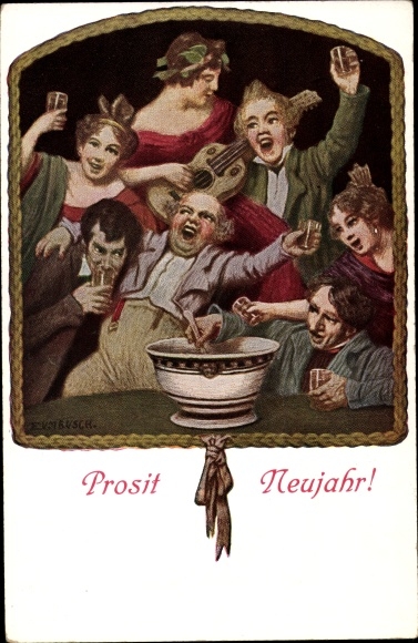 Künstler Ak Zumbusch, Ludwig, Sylvesterbowle, Glückwunsch Neujahr, Gedicht von Herwegh