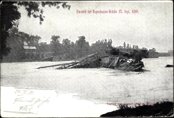 Postcard Munich Bavaria, collapse of the Bogenhauser Bridge on 13 September 1899
