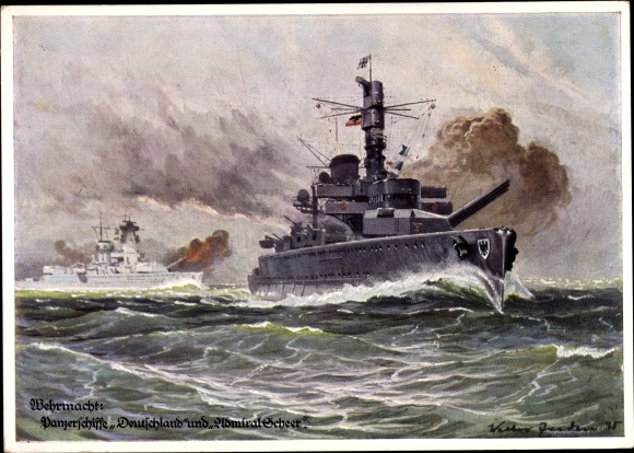 Künstler Ak Zeeden, Deutsches Kriegsschiff, Deutschland, Admiral Scheer, Panzerschiffe, Kriegsmarine