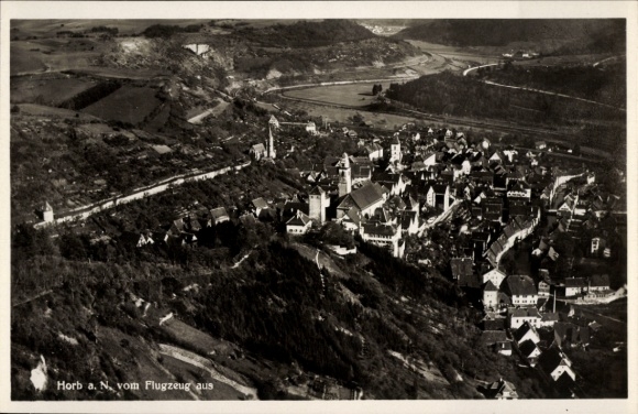 Horb am Neckar, zdjęcie lotnicze Horb, pejzaż miejski, krajobraz górski, lata 30. XX wieku