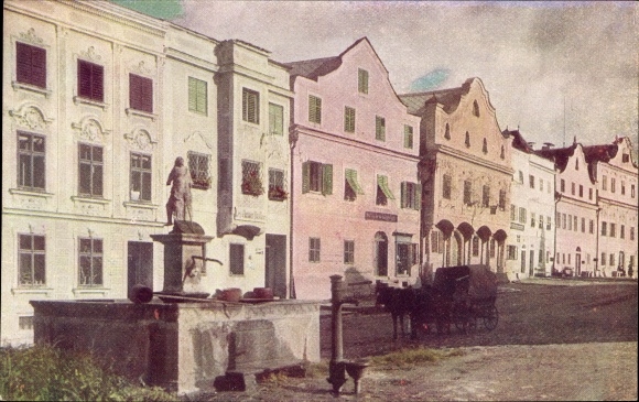 Postcard Neufelden im Mühlviertel Upper Austria, street, fountain