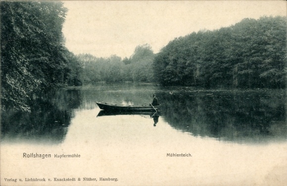 Ak Rolfshagen Auetal in Schaumburg, Blick auf den Mühlenteich, Boot auf dem Wasser, Waldansicht