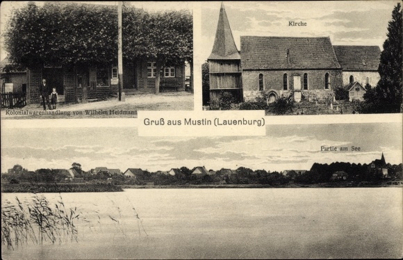 PC Mustin in the Duchy of Lauenburg, church, lake, Wilhelm Heidmann grocery store