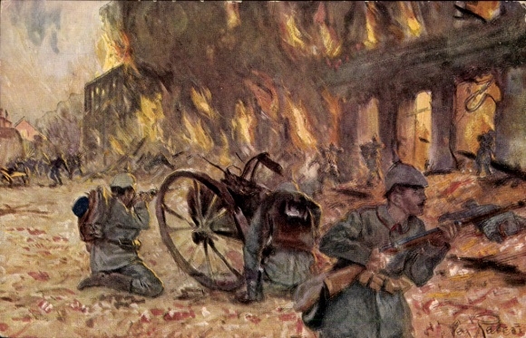 Künstler Ak Rabes, Max, Straßenkampf in Hohenstein, Schlacht bei Tannenberg, I. WK