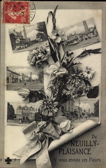 Postcard Neuilly Plaisance Seine Saint Denis, Je vous envoie ces Fleurs, partial views, buildings, flowers