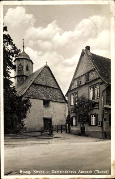 Postcard Anspach im Taunus, Evangelical Church, community center