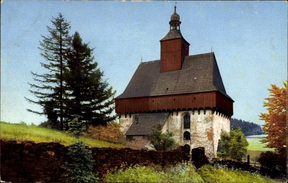PC Großrückerswalde in the Ore Mountains, view of the church, Nenke and Ostermaier, series I, no. 5476