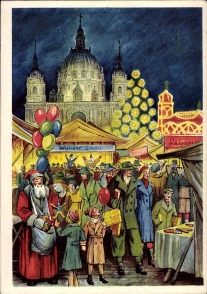 Postcard Berlin Mitte, Christmas market, Berlin Cathedral, Santa Claus