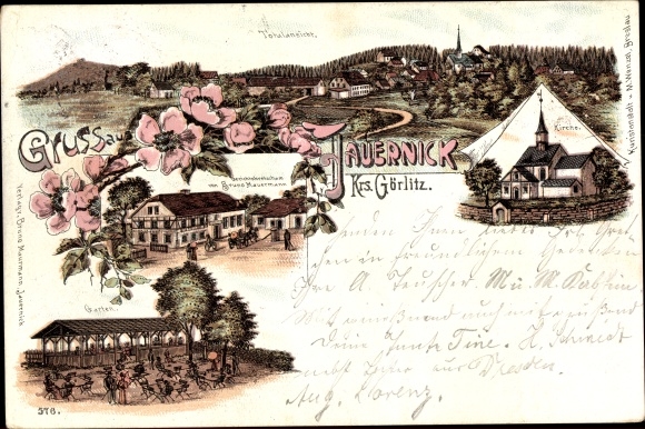 litho Jauernick Buschbach Markersdorf Oberlausitz, panorama, kerk, herberg