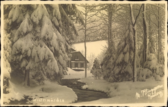 Foto Ak Stahlbrode Reinberg district Grimmen, Winter&#39;s Tale, blokhut 1925