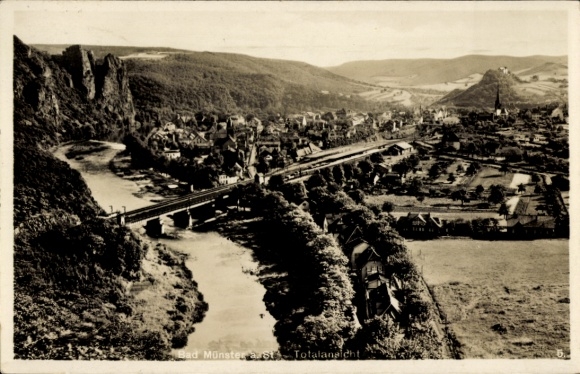 Ak Bad Münster am Stein Bad Kreuznach an der Nahe, totaalbeeld, rivier, brug, landschap