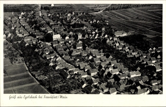 Postcard Egelsbach in Hesse, aerial view of Egelsbach, numerous roofs, green fields