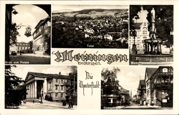 KP Meiningen w Turyngii, widok na pałac, Lagale, fontanna na rynku, Georgstraße, Turyngia, teatr