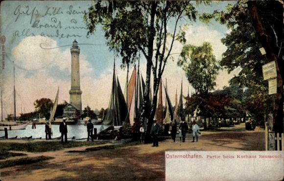 Postcard Chorzelin Easter Harbor Świnoujście Swinemünde Pomerania, Kurhaus Sanssouci, Lighthouse