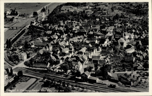 Postcard Riegel am Kaiserstuhl Baden, aerial photography, city panorama, railway line