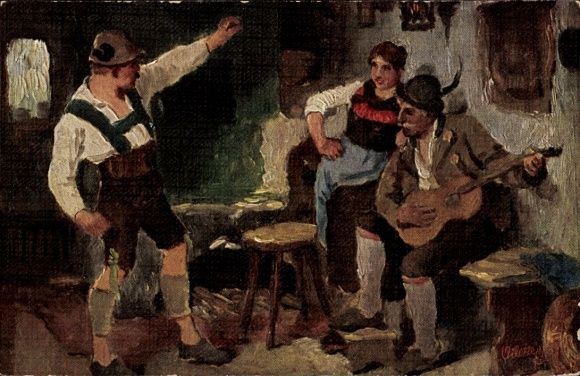 Picture Tyrolean costume, man playing music, guitar, living room