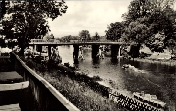 Postcard Neu Zittau Brandenburg, on the Spree, bridge, motor boat
