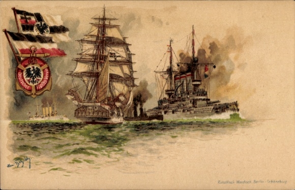 Wappen Künstler Litho Bohrdt, Hans, Segelschiff, Kriegsschiff, Deutscher Flottenverein