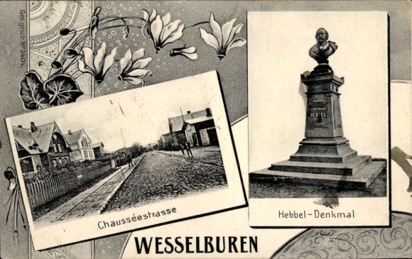 Ak Wesselburen in Dithmarschen, Chausseestraße, Hebbel-monument