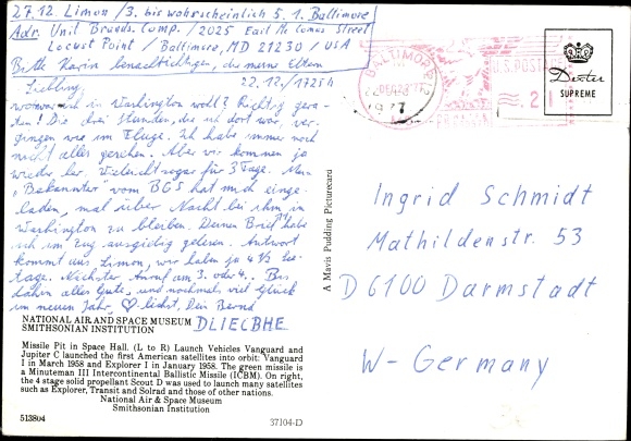 Postcard Washington DC USA, National Air and Space Museum Smithsonian Institution, Missile Pit