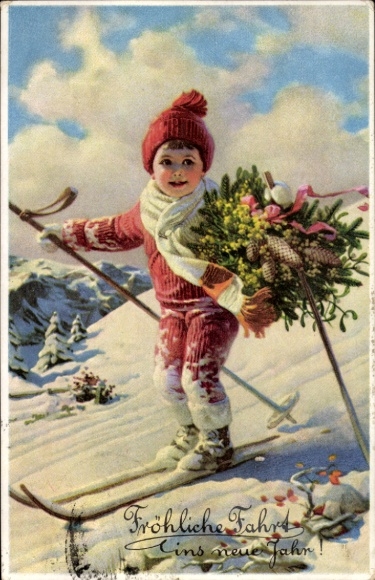 Artist Postcard Happy New Year, child on skis in motion