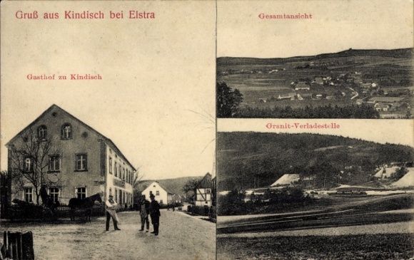 Ak Kindisch Elstra Oberlausitz, Gasthof zu Kindisch, Gesamtansicht, Granit-Verladestelle