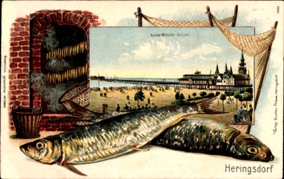 Passepartout Chromo-Litho Baltic Sea resort Heringsdorf on Usedom, Kaiser Wilhelm Bridge, fish, smokehouse