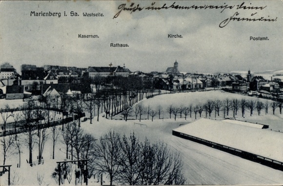 Postcard Marienberg in the Ore Mountains Saxony, west side, barracks, town hall, church, post office