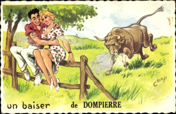 Artist Postcard Chaperon, J., Lovers, Fence, Angry Bull