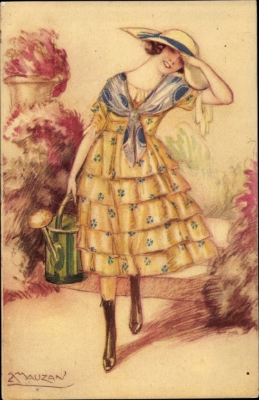 Artist Postcard Mauzan, Woman in Yellow Dress, Watering Can
