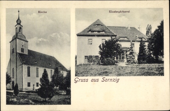 Postcard Sornzig Ablaß Mügeln in Saxony, church, monastery garden
