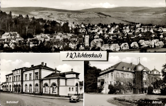 Postcard Wächtersbach in Hesse, panoramic view of the train station and castle