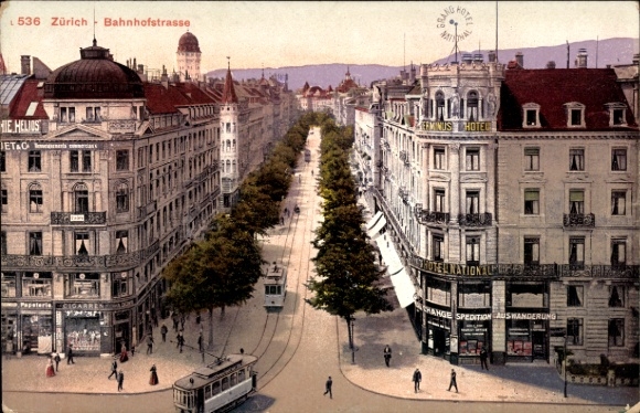 KP Zurich, widok na Bahnhofstrasse, Grand Hotel, tramwaj