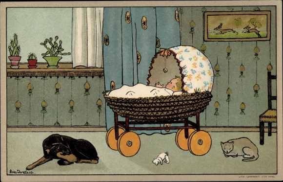 Künstler Ak Jordens, Bep, Wiegekindje, Wiege, Kinderwagen, Hund, Katze, Kakteen