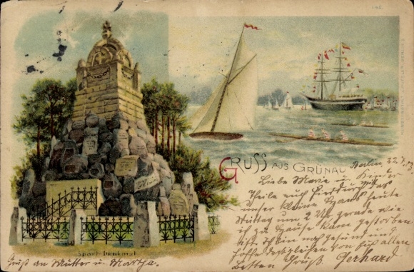 Litho Berlin Köpenick Grünau, Sportdenkmal, Segelschiff, Ruderer