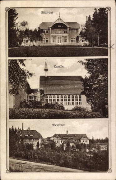 Postcard Carolagrün Auerbach im Vogtland, south front, chapel, west front, architecture