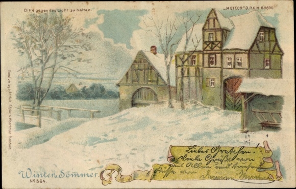 Halt against the light Chromo-Litho winter and summer, allegory, winter landscape