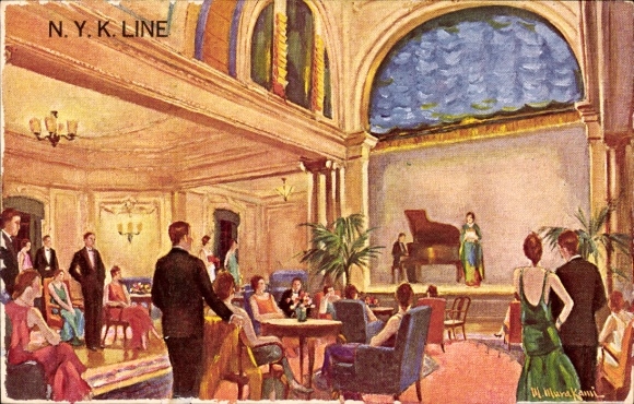 Kunstenaar Ak Dampfer, NYK Line, concertzaal, piano