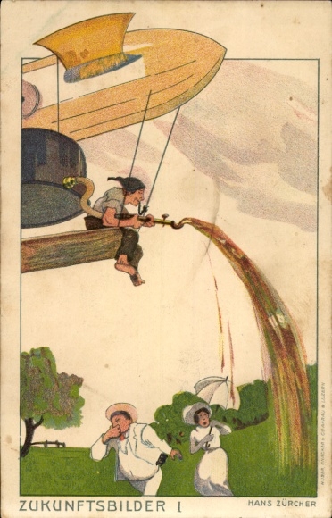 Künstler Ak Zürcher, Hans, Zukunftsbilder, Bauer verteilt Gülle aus einem Zeppelin